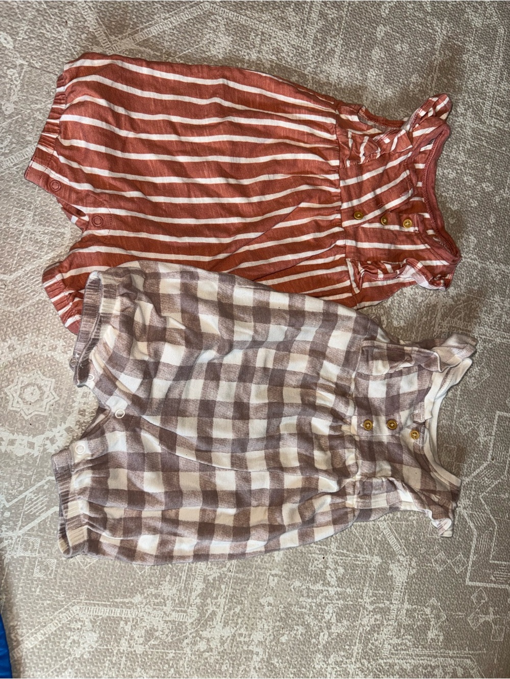 Set of 2 - Striped & Checked Cotton Baby Rompers - Rust Stripe and Taupe Check